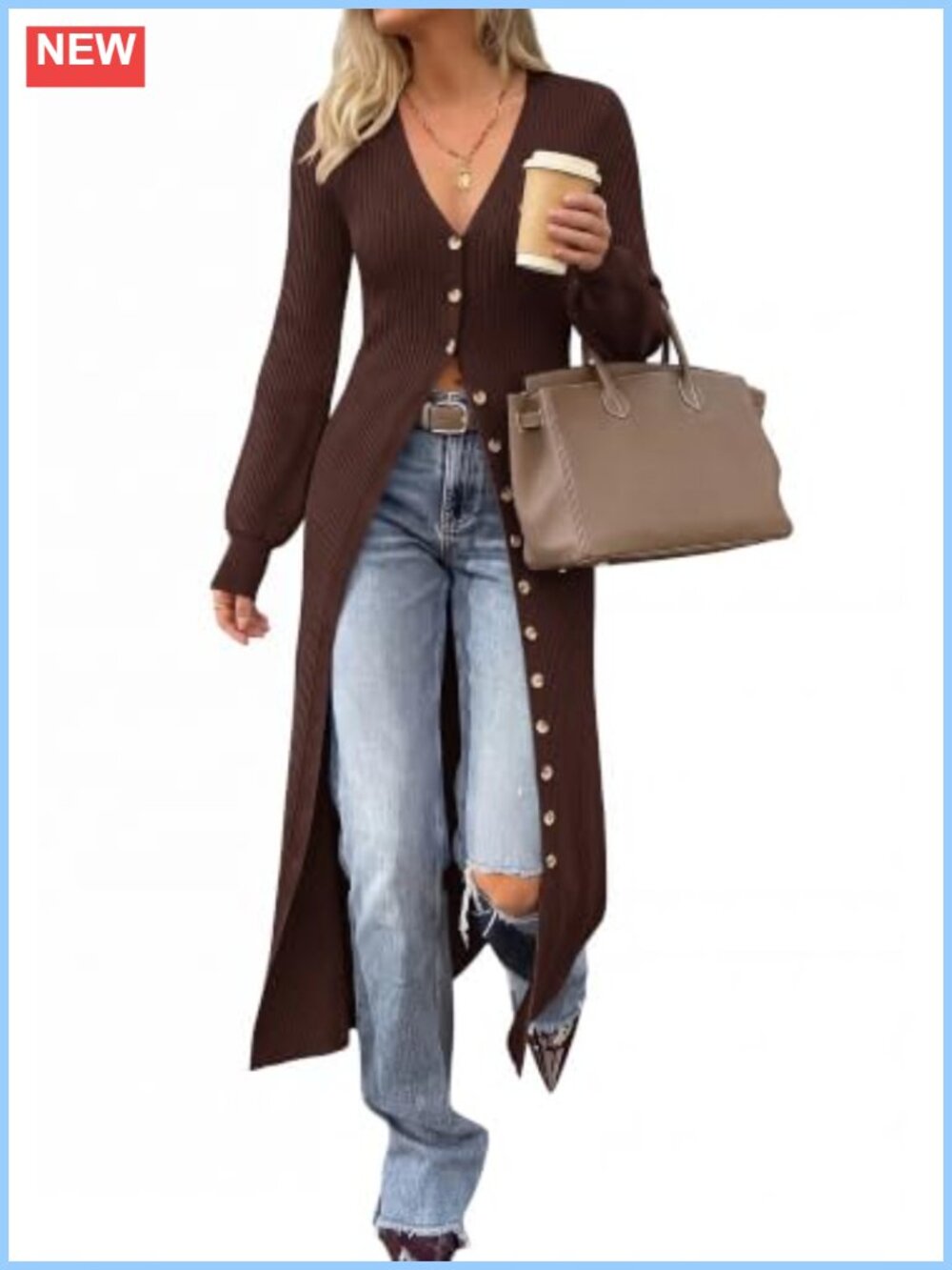 Ribbed Knit Long Cardigan Button Up V-Neck Midi Sweater Dress